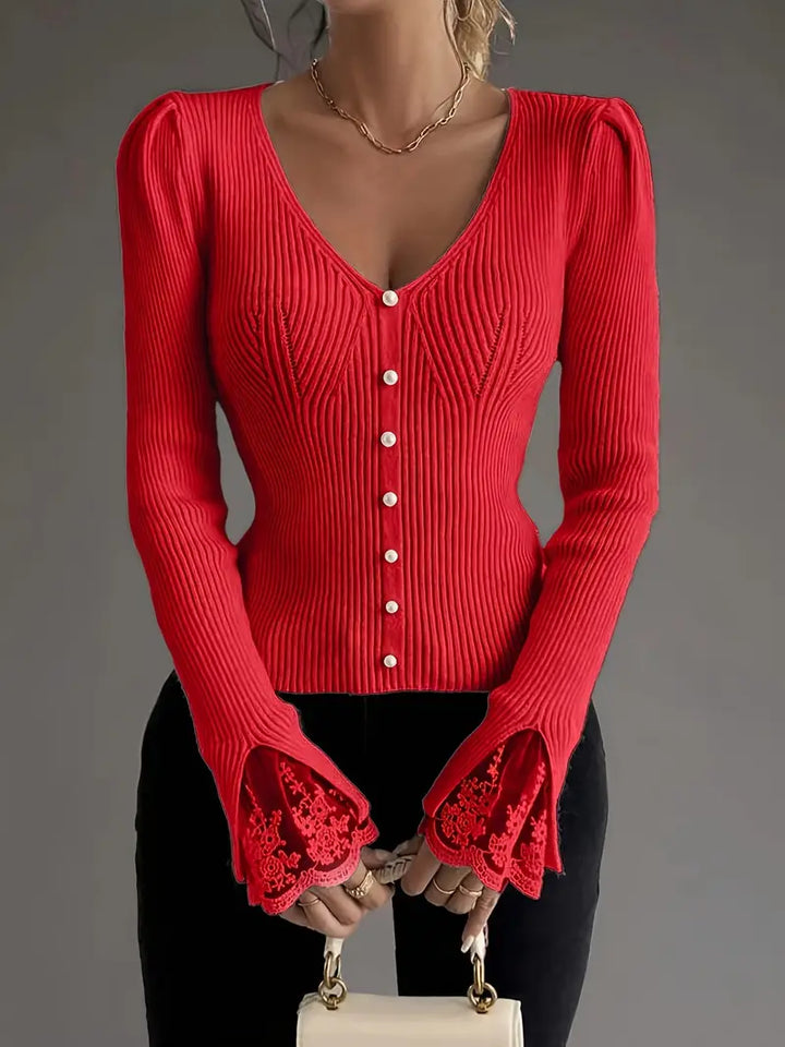 Ribbed Top with V-Neck and Lace Sleeves