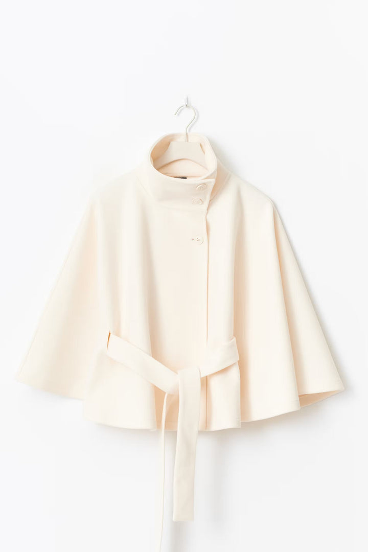 Clara | Cape jacket with sleeves, high collar, and belt