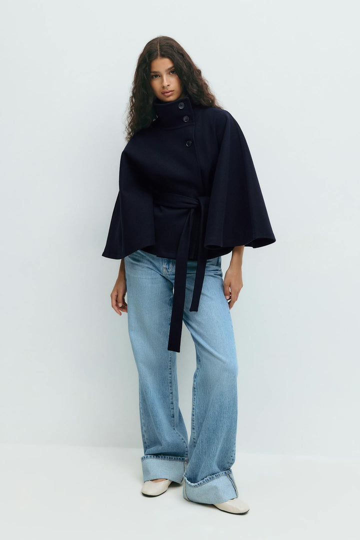 Clara | Cape jacket with sleeves, high collar, and belt
