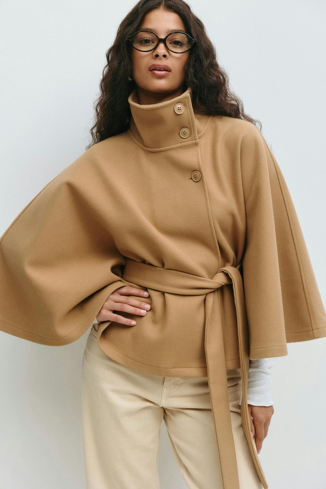 Clara | Cape jacket with sleeves, high collar, and belt