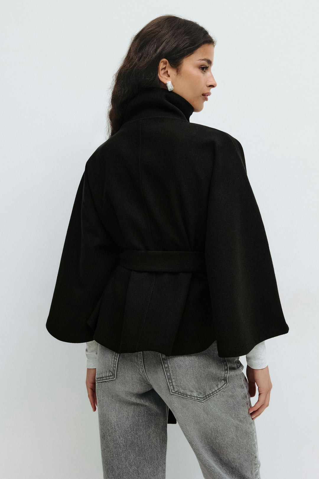 Clara | Cape jacket with sleeves, high collar, and belt