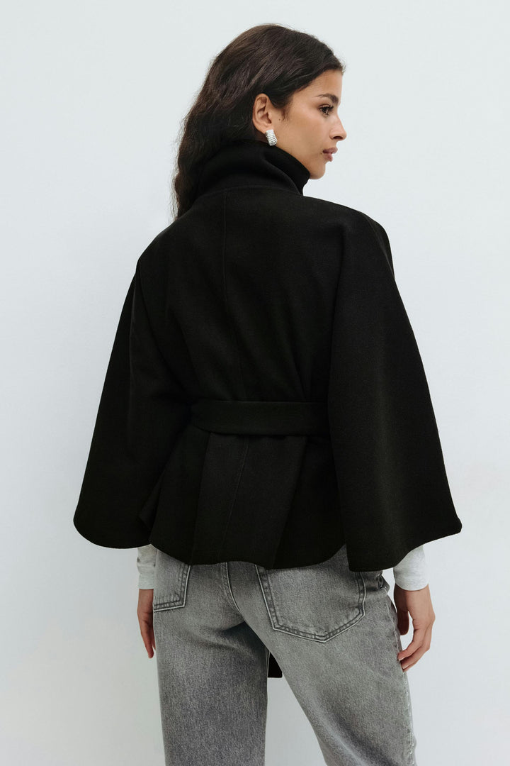 Clara | Cape jacket with sleeves, high collar, and belt