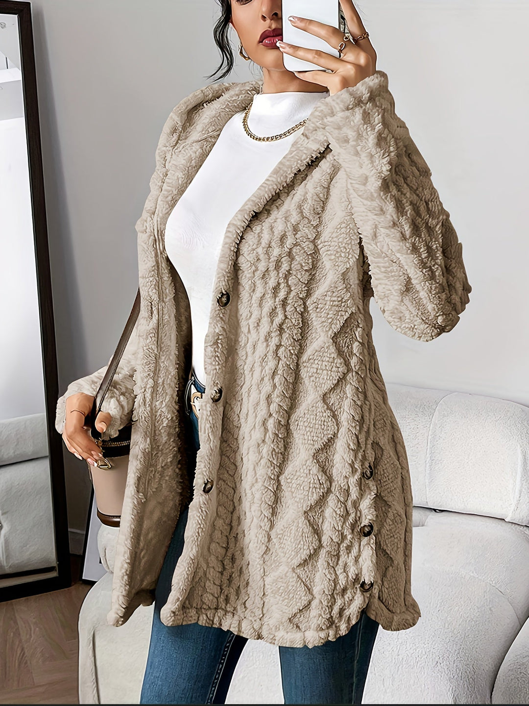 Grace & Jess | Diamond-Patterned Hooded Cardigan