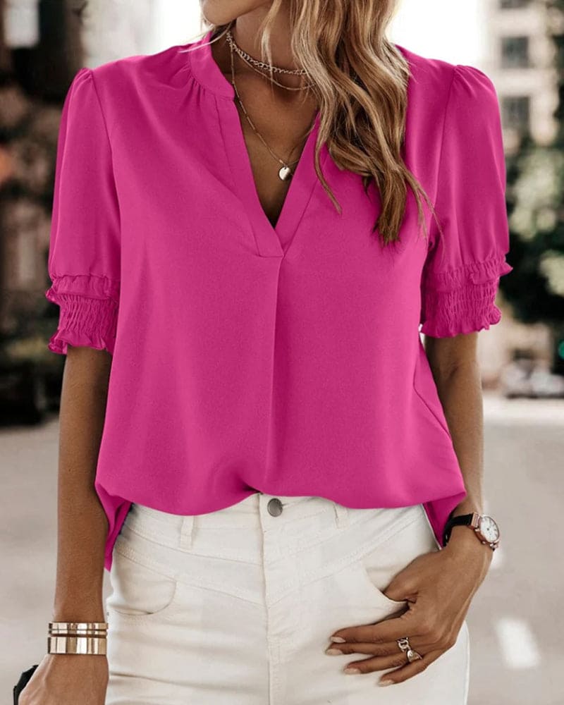 Brigitte | Women's V-Neck Smocked Sleeve Blouse