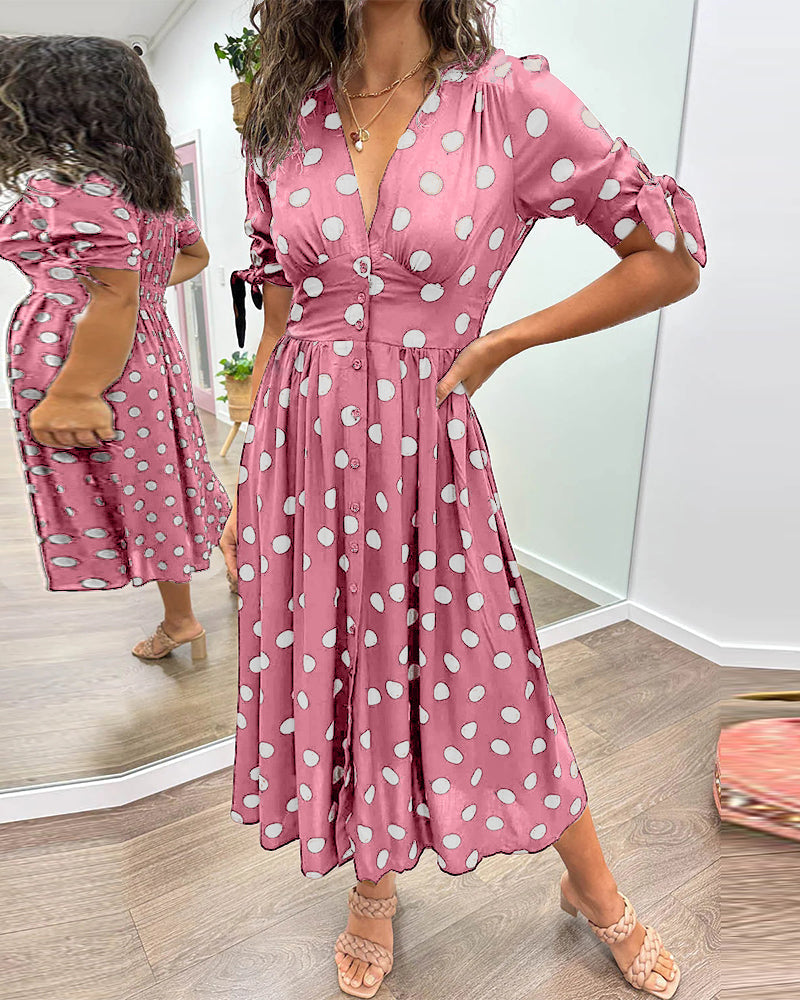 Avalune | Women's Polka Dot Tie Sleeve Button-Down Midi Dress