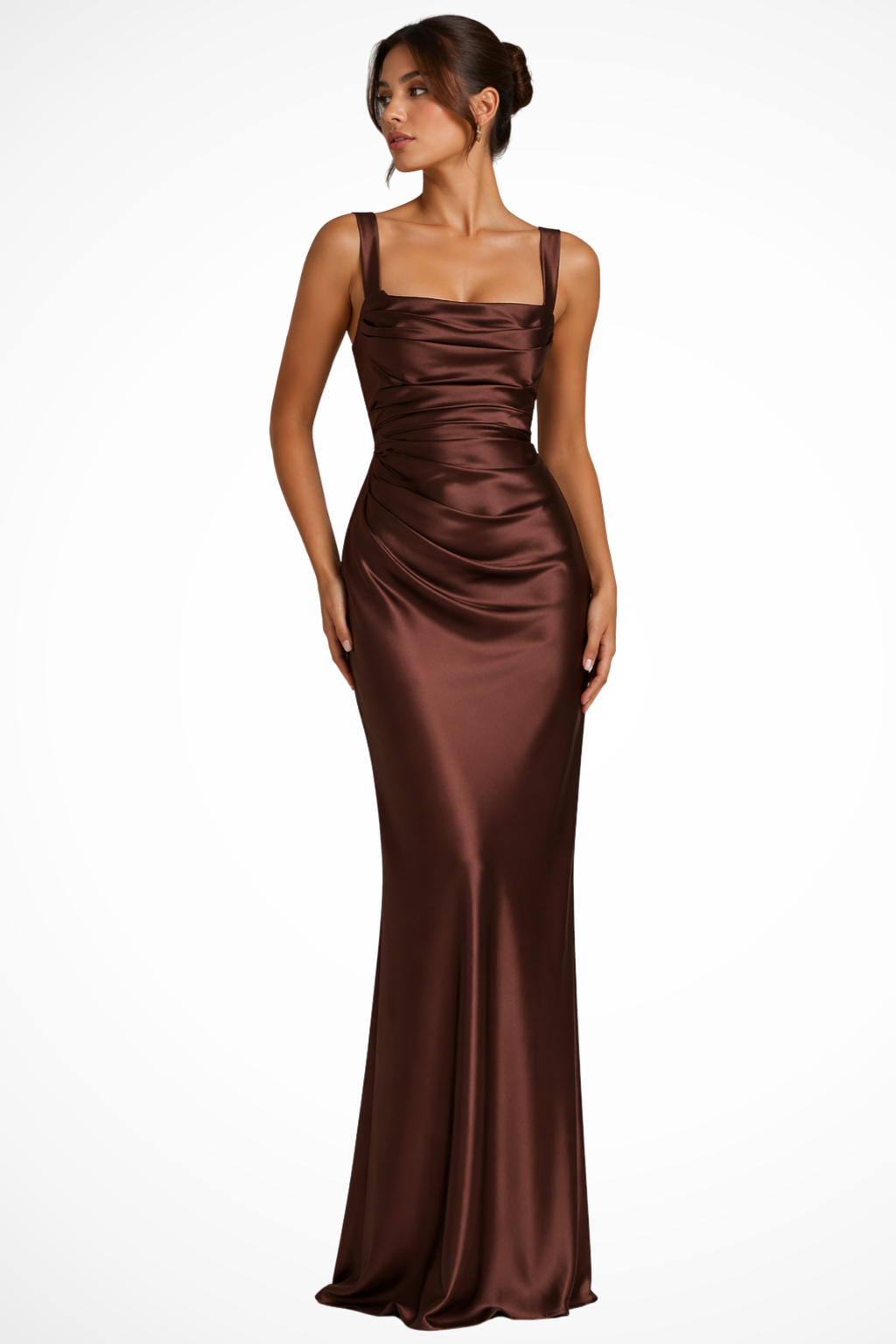 Leonora | Women's Square Neck Ruched Satin Maxi Dress