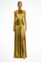Mirabel | Women's Halter Neck Pleated Satin Maxi Dress