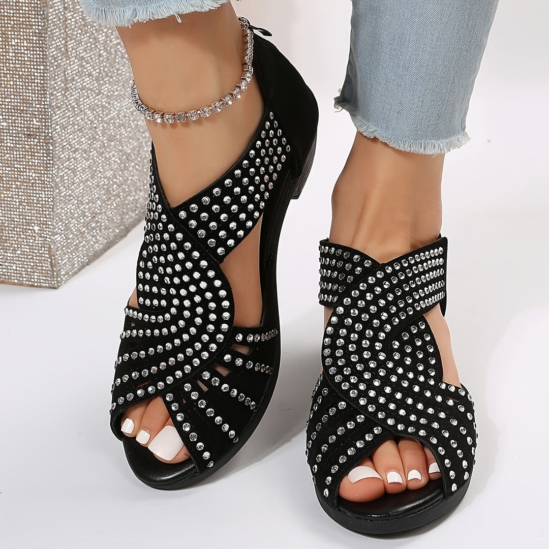 Peregrine | Women's Rhinestone Embellished Peep Toe Block Heel Sandals