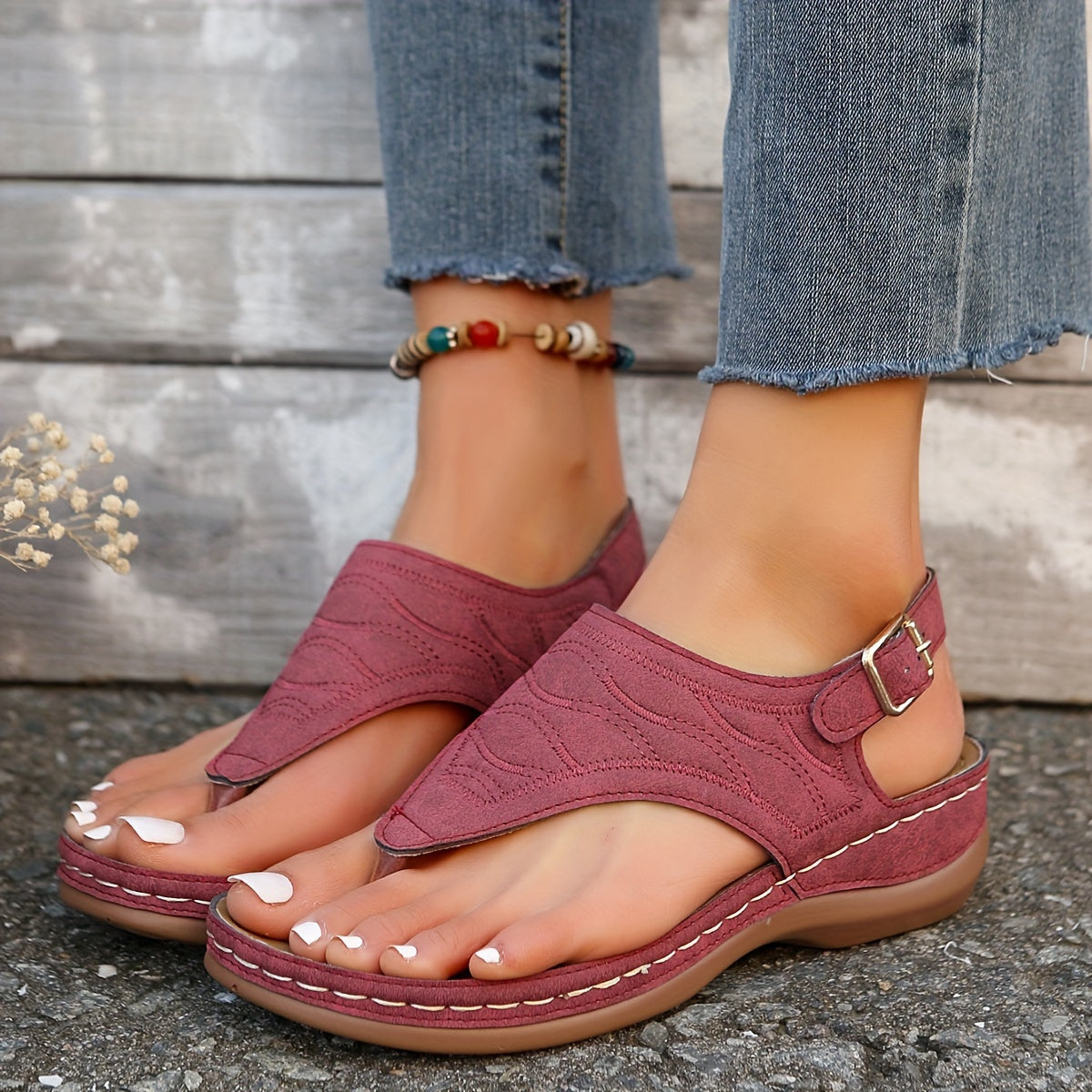 Genoveffa | Women's Toe Post Buckle Wedge Slide Sandals