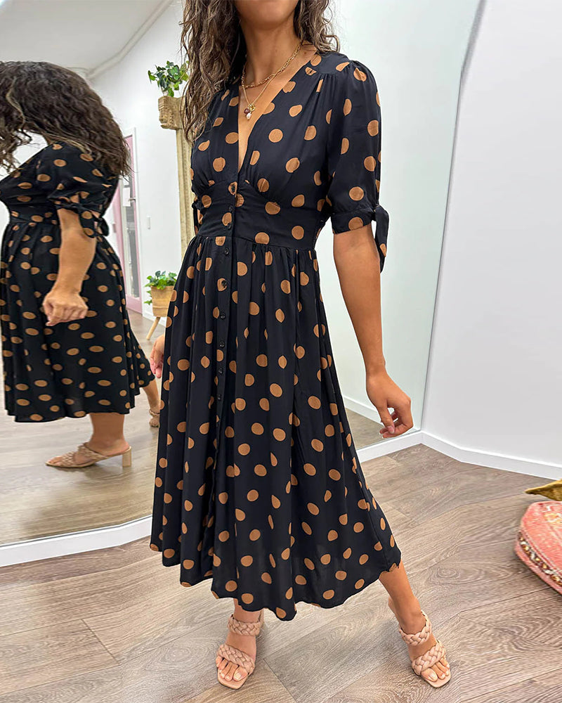 Avalune | Women's Polka Dot Tie Sleeve Button-Down Midi Dress