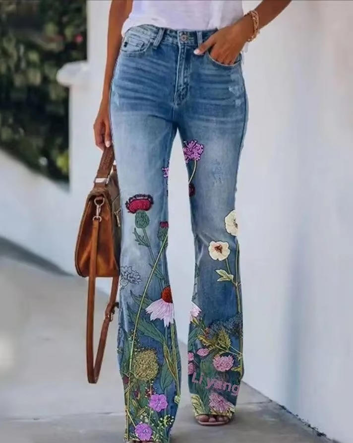 Valdis | Women's Floral Print High Waist Flare Jeans