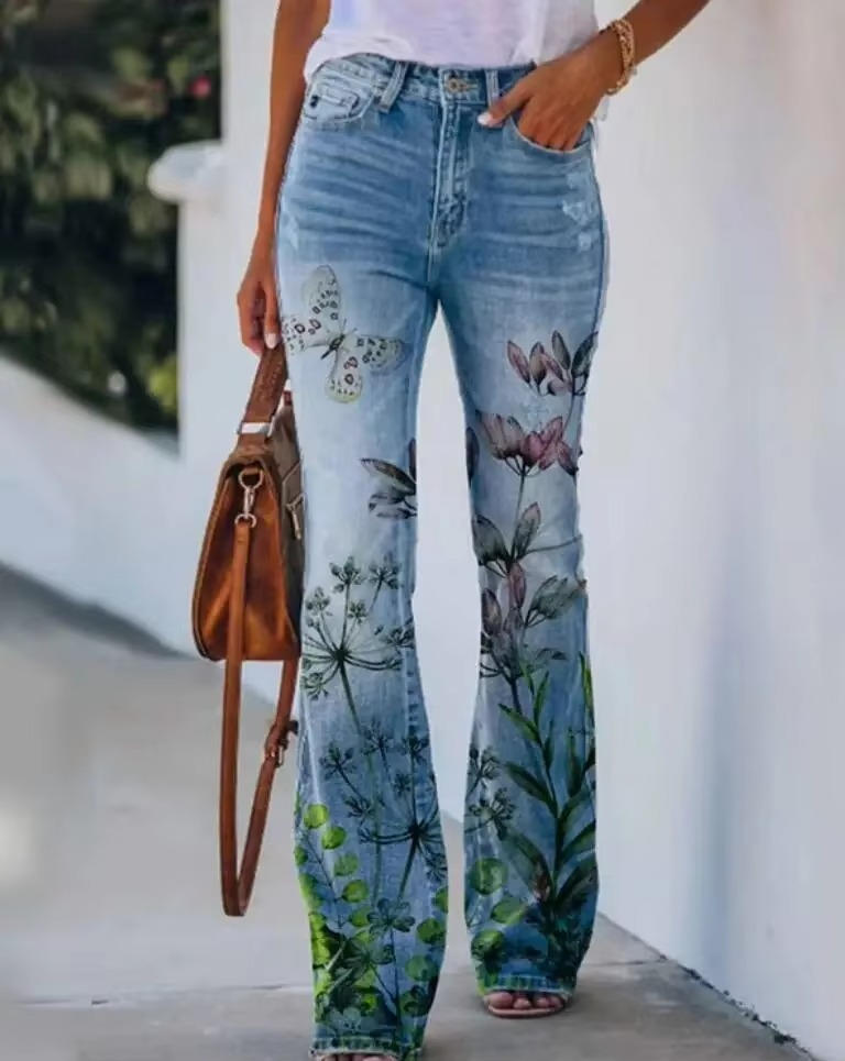 Valdis | Women's Floral Print High Waist Flare Jeans