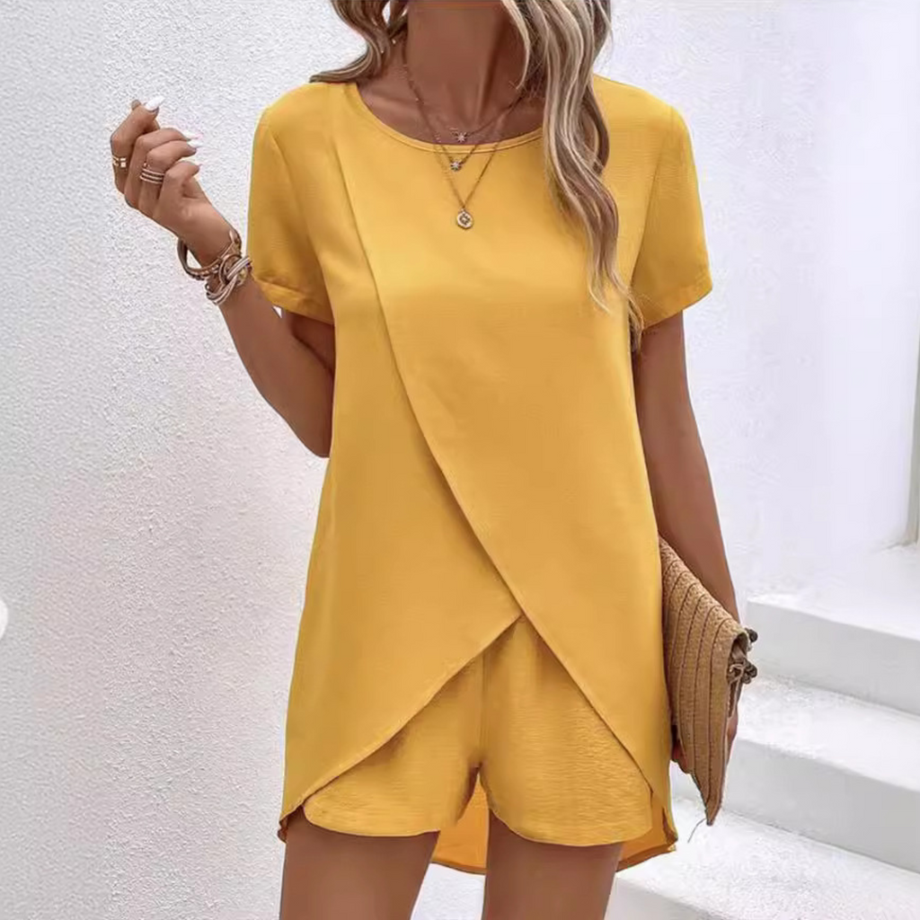 Isolyn | Women's Short Sleeve Wrap Top and Shorts Lounge Set