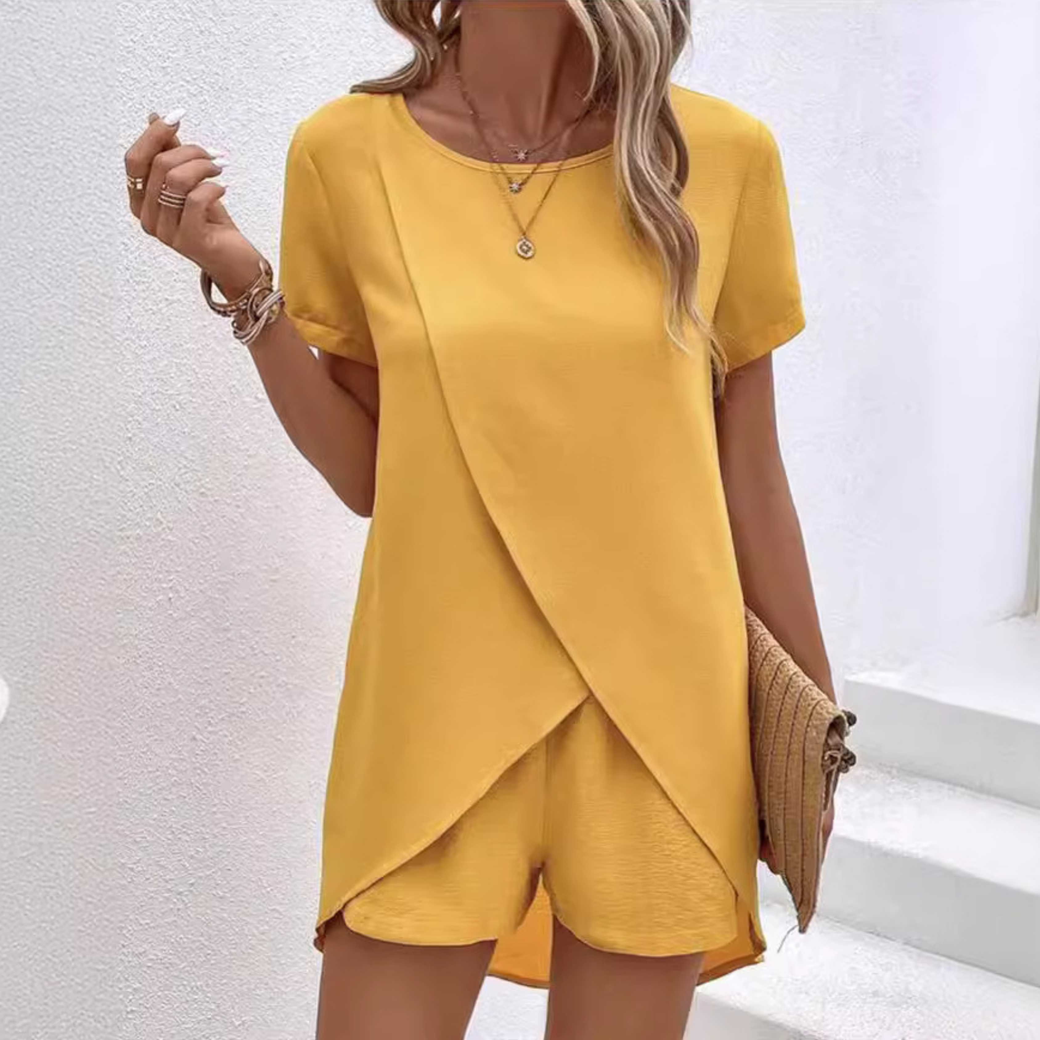 Isolyn | Women's Short Sleeve Wrap Top and Shorts Lounge Set