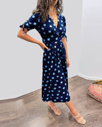 Avalune | Women's Polka Dot Tie Sleeve Button-Down Midi Dress