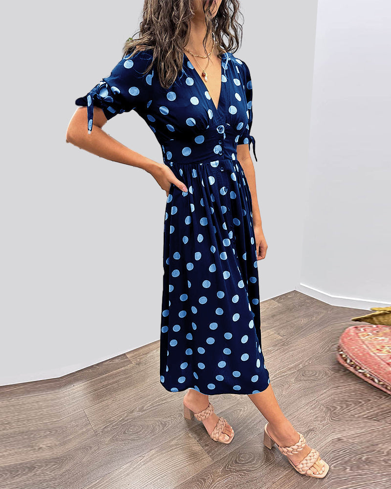 Avalune | Women's Polka Dot Tie Sleeve Button-Down Midi Dress