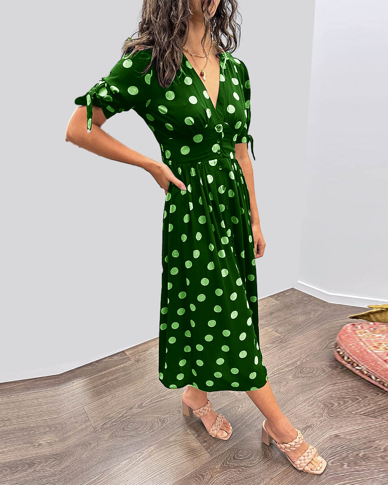Avalune | Women's Polka Dot Tie Sleeve Button-Down Midi Dress