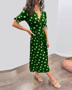 Avalune | Women's Polka Dot Tie Sleeve Button-Down Midi Dress