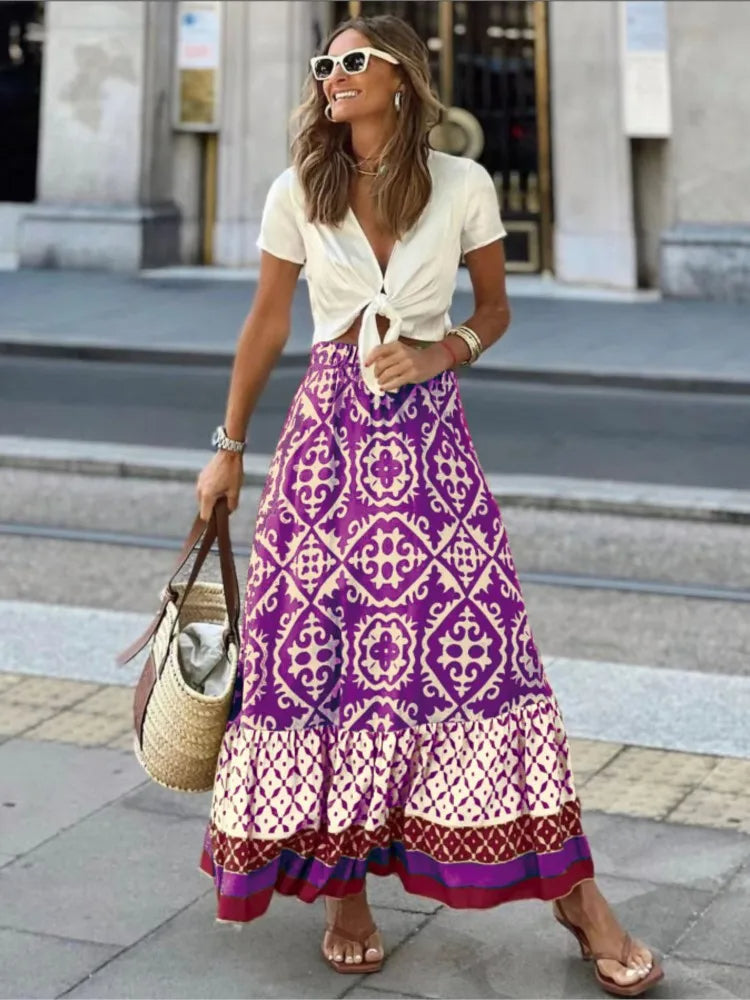 Azoria | Women's Boho Geometric Print Elastic Waist Midi Skirt
