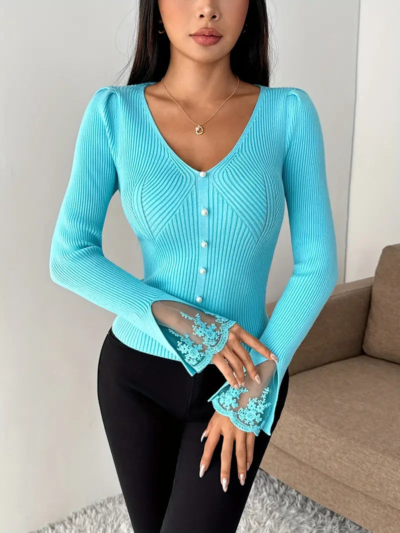 Ribbed Top with V-Neck and Lace Sleeves