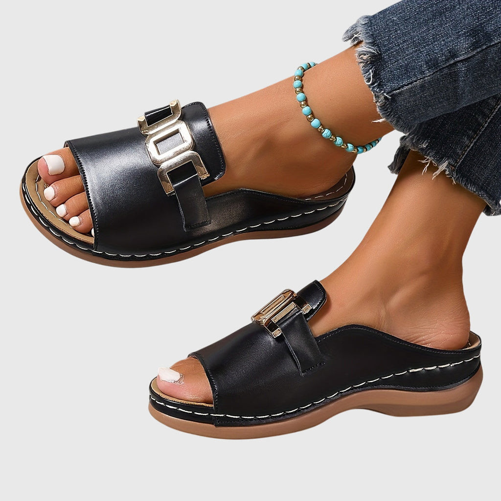 Zyphora | Women's Gold Hardware Buckle Flat Slip-On Sandals