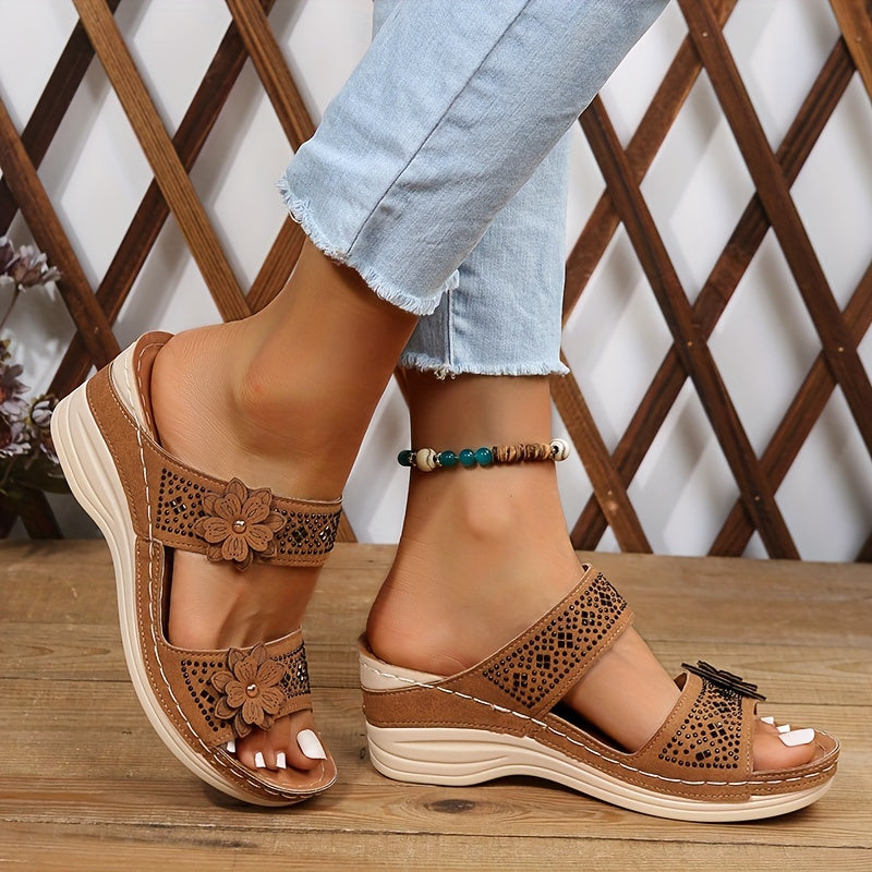 Griseldis | Women's Floral Appliqué Cut-Out Wedge Slides