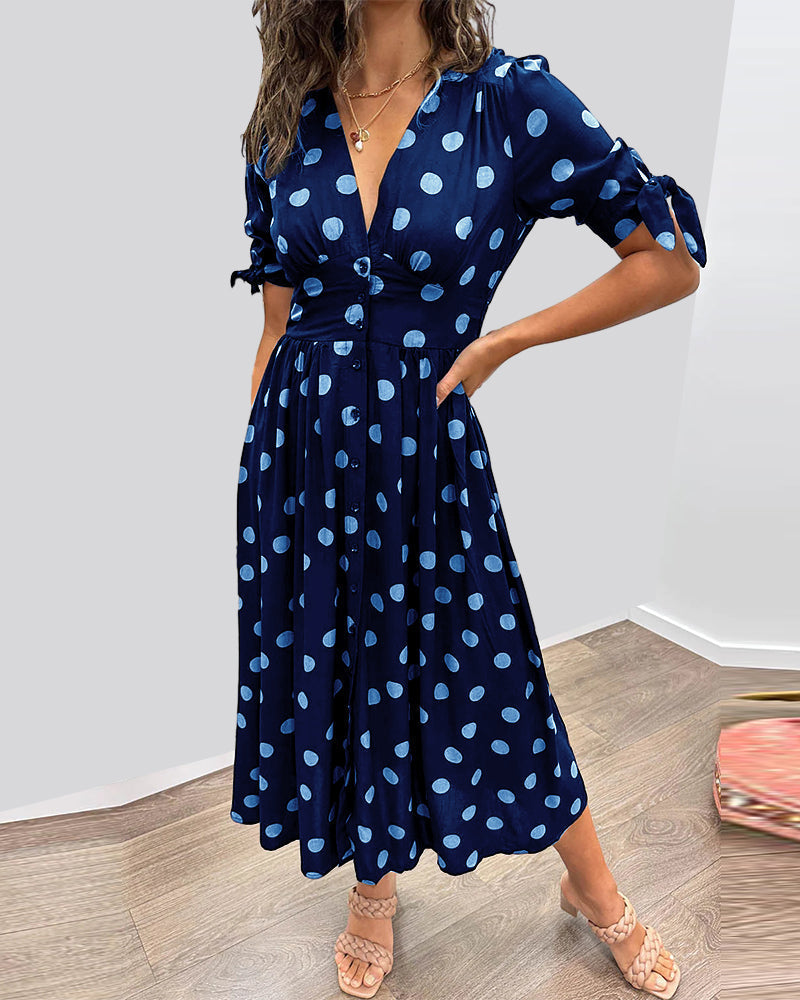 Avalune | Women's Polka Dot Tie Sleeve Button-Down Midi Dress