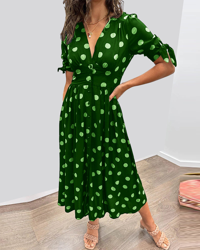 Avalune | Women's Polka Dot Tie Sleeve Button-Down Midi Dress