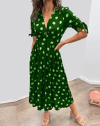 Avalune | Women's Polka Dot Tie Sleeve Button-Down Midi Dress