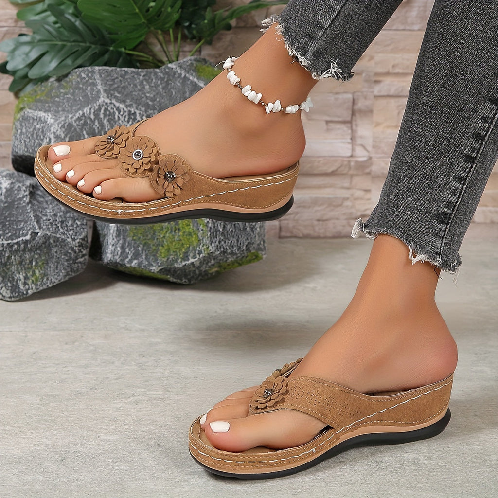 Oleander | Women's Floral Embellished Thong Wedge Sandals