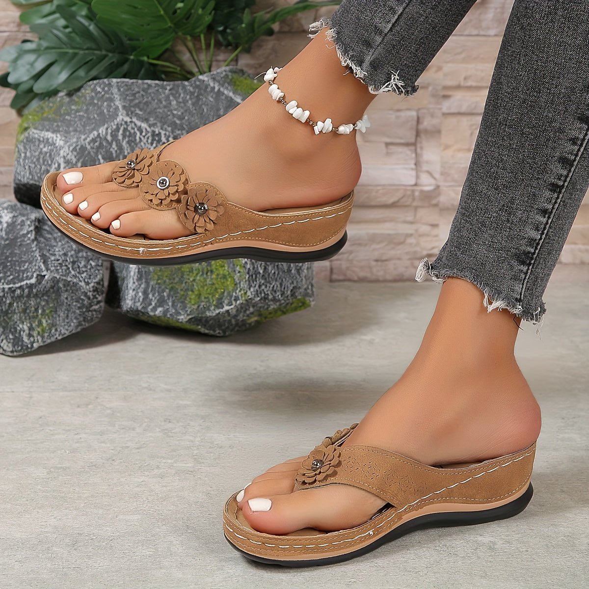 Oleander | Women's Floral Embellished Thong Wedge Sandals