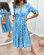 Avalune | Women's Polka Dot Tie Sleeve Button-Down Midi Dress