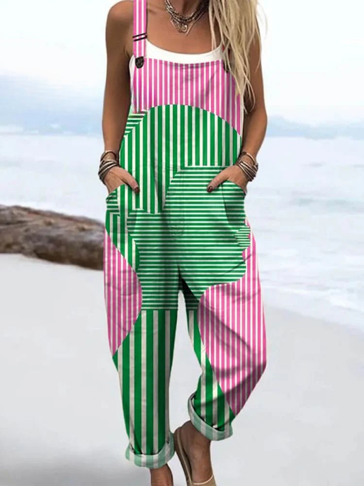 Vespera | Women's Abstract Color Block Stripe Dungarees