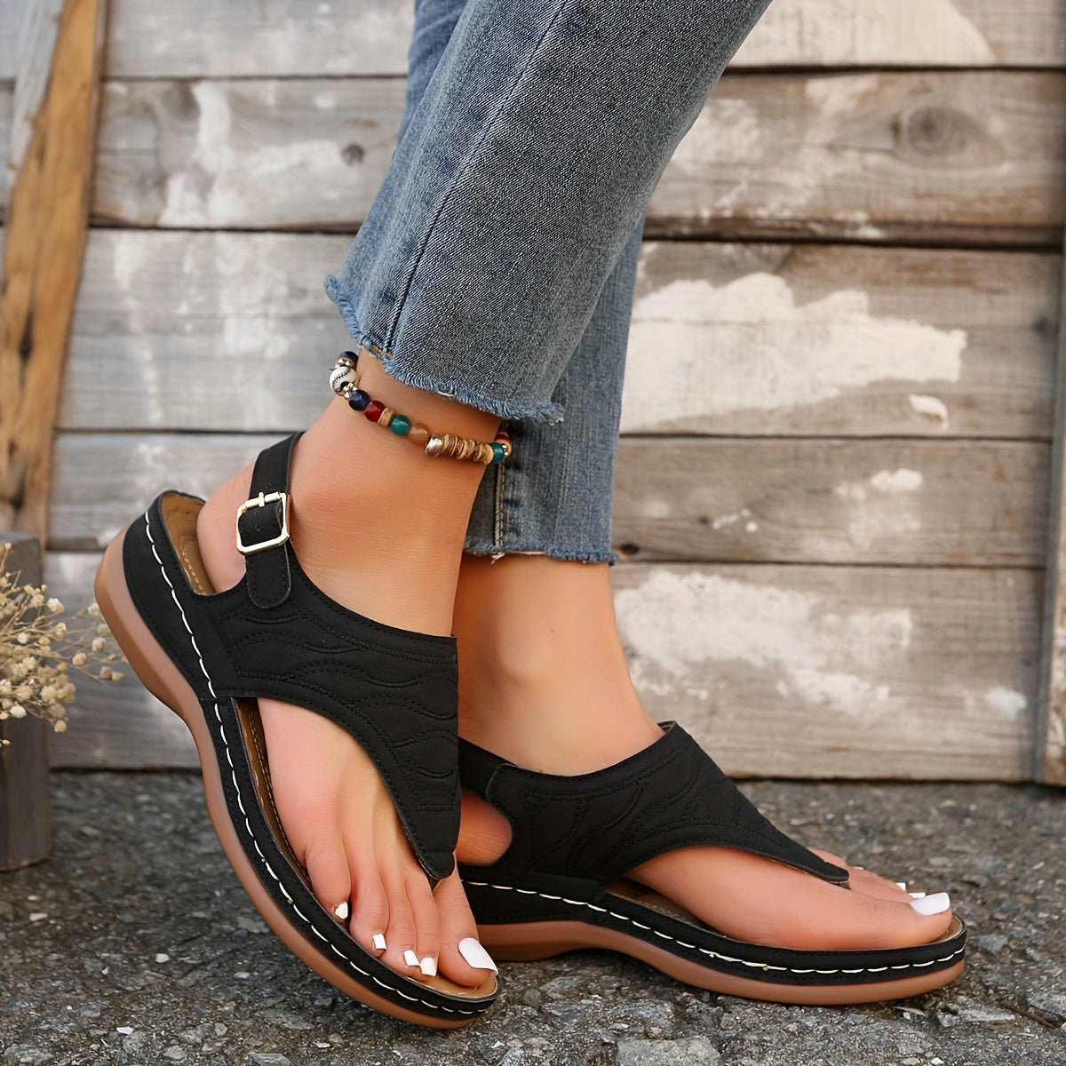 Genoveffa | Women's Toe Post Buckle Wedge Slide Sandals