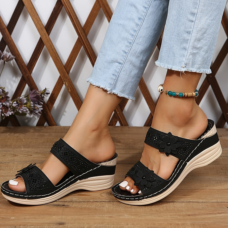 Griseldis | Women's Floral Appliqué Cut-Out Wedge Slides