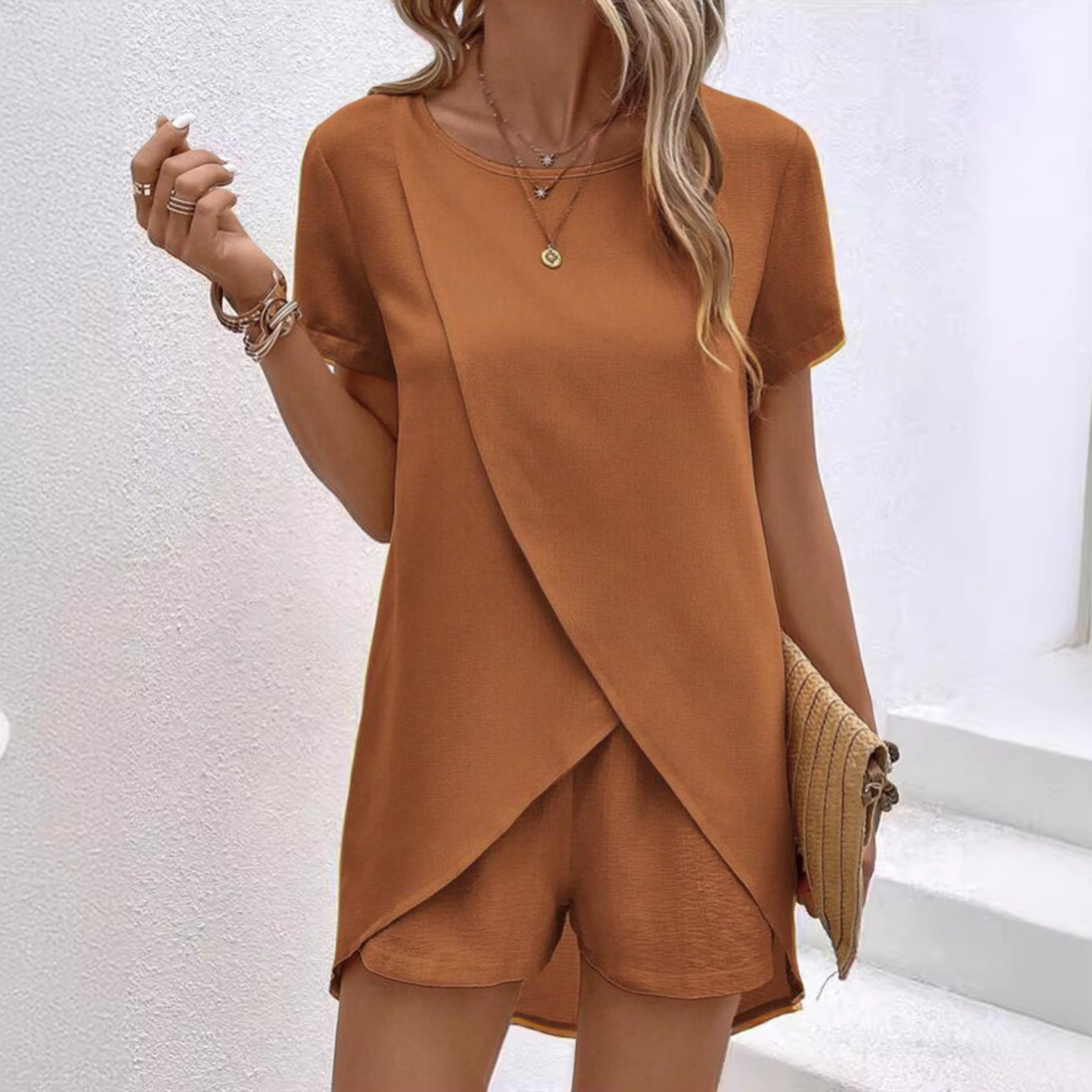 Isolyn | Women's Short Sleeve Wrap Top and Shorts Lounge Set