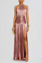 Mirabel | Women's Halter Neck Pleated Satin Maxi Dress