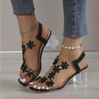 Caius | Women's Floral Crystal T-Bar Clear Block Heel Sandals
