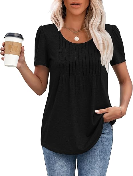 Godfrey | Women's Puff Sleeve Pleated Front Round Neck Loose Top