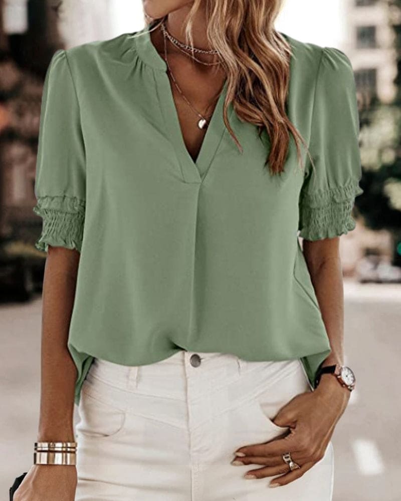 Brigitte | Women's V-Neck Smocked Sleeve Blouse