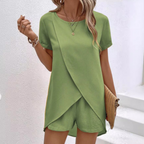 Isolyn | Women's Short Sleeve Wrap Top and Shorts Lounge Set