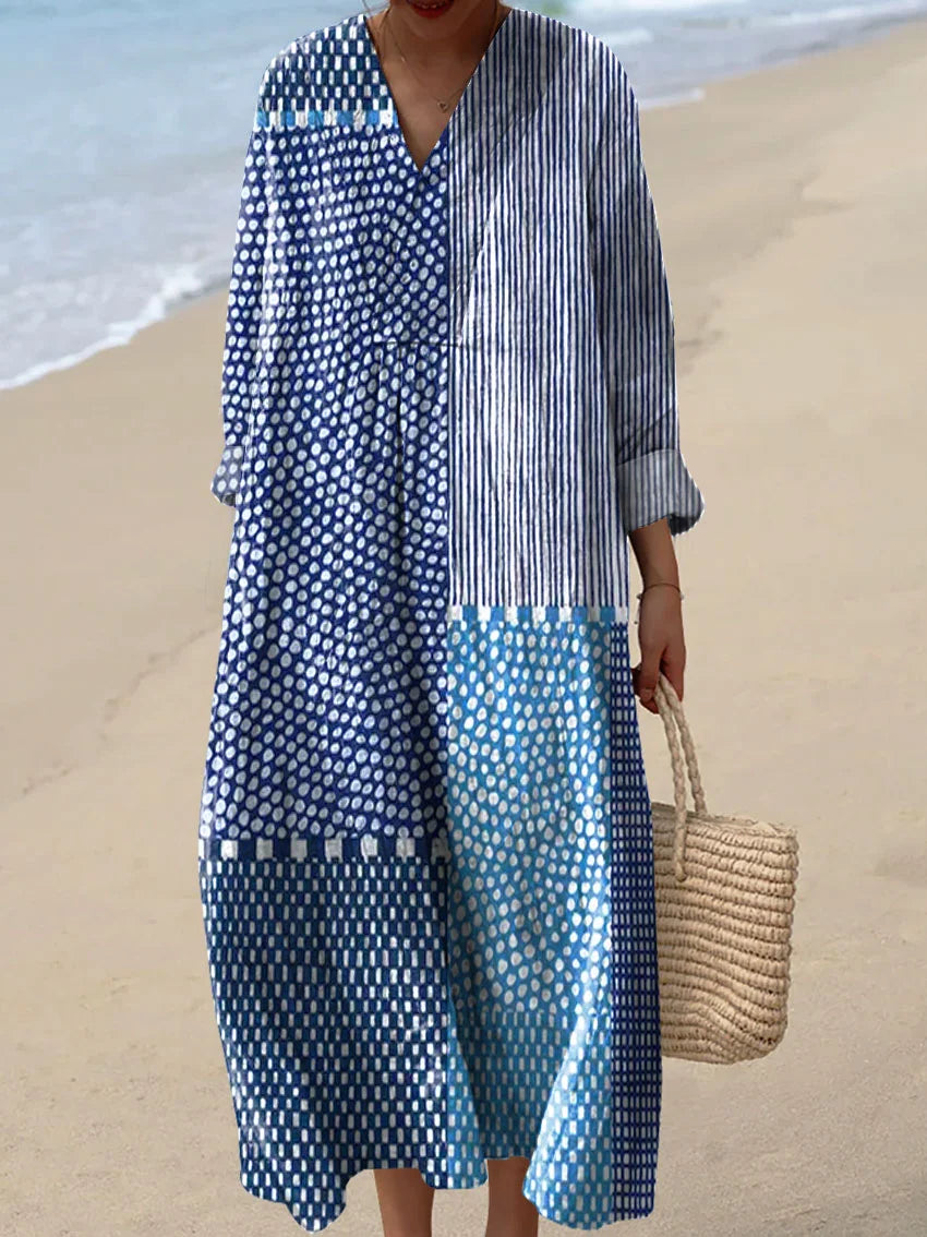 Fleur | Women's Casual Patchwork Print V-Neck Midi Dress