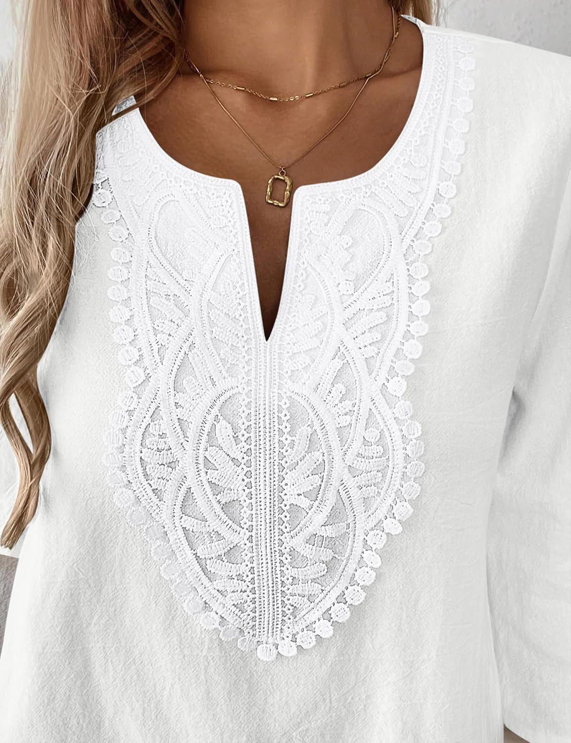 Eustace | Women's Lace Trim V-Neck Three-Quarter Sleeve Tunic Top