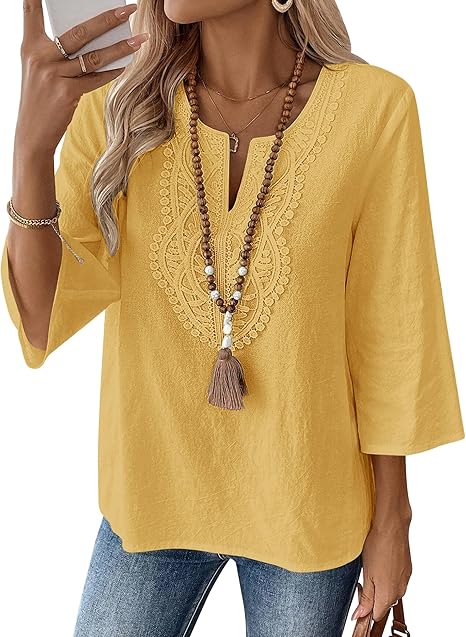 Eustace | Women's Lace Trim V-Neck Three-Quarter Sleeve Tunic Top