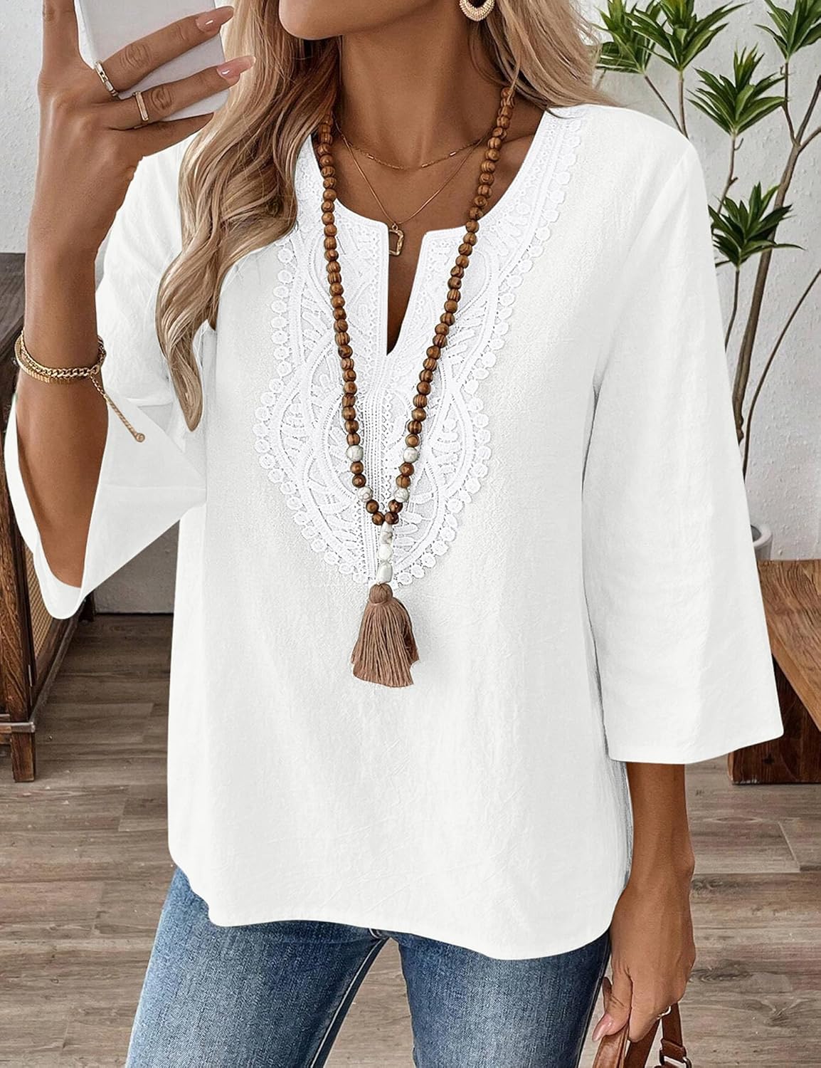 Eustace | Women's Lace Trim V-Neck Three-Quarter Sleeve Tunic Top