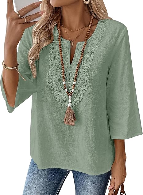 Eustace | Women's Lace Trim V-Neck Three-Quarter Sleeve Tunic Top