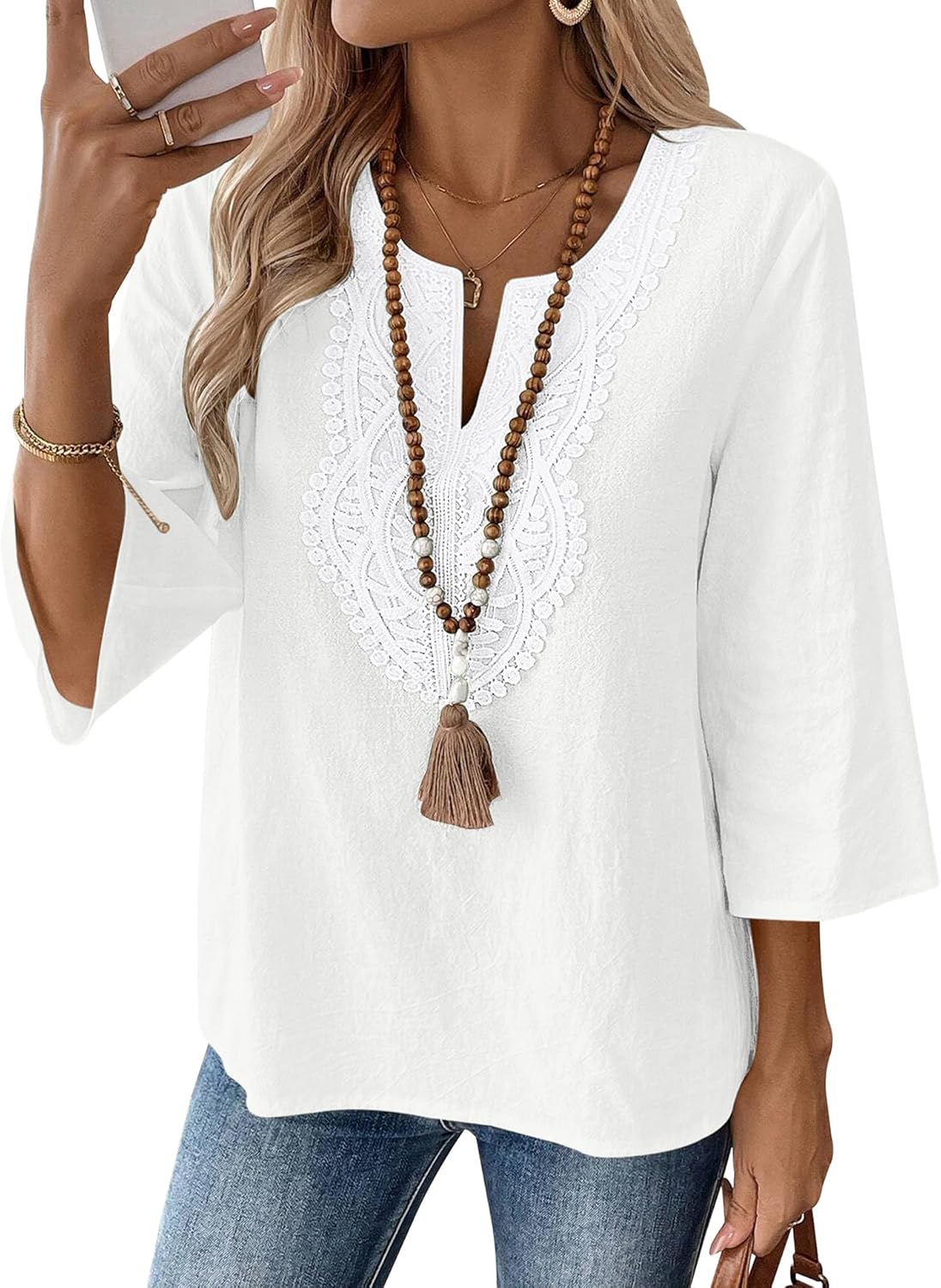 Eustace | Women's Lace Trim V-Neck Three-Quarter Sleeve Tunic Top