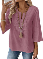 Eustace | Women's Lace Trim V-Neck Three-Quarter Sleeve Tunic Top