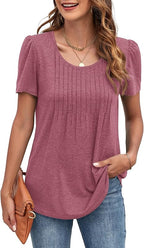 Godfrey | Women's Puff Sleeve Pleated Front Round Neck Loose Top