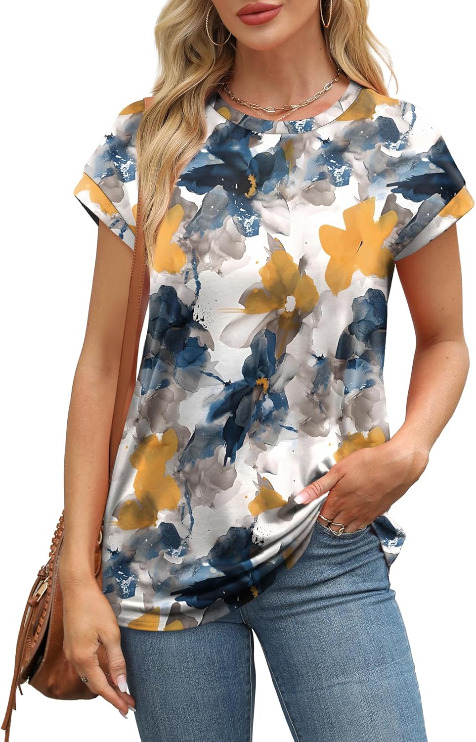 Havardr | Women's Floral Print Cap Sleeve Tunic Summer Top